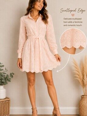 Amable Peach Eyelet Coastal Scalloped L Sleeve Belted Lined Romper. Ladies Large